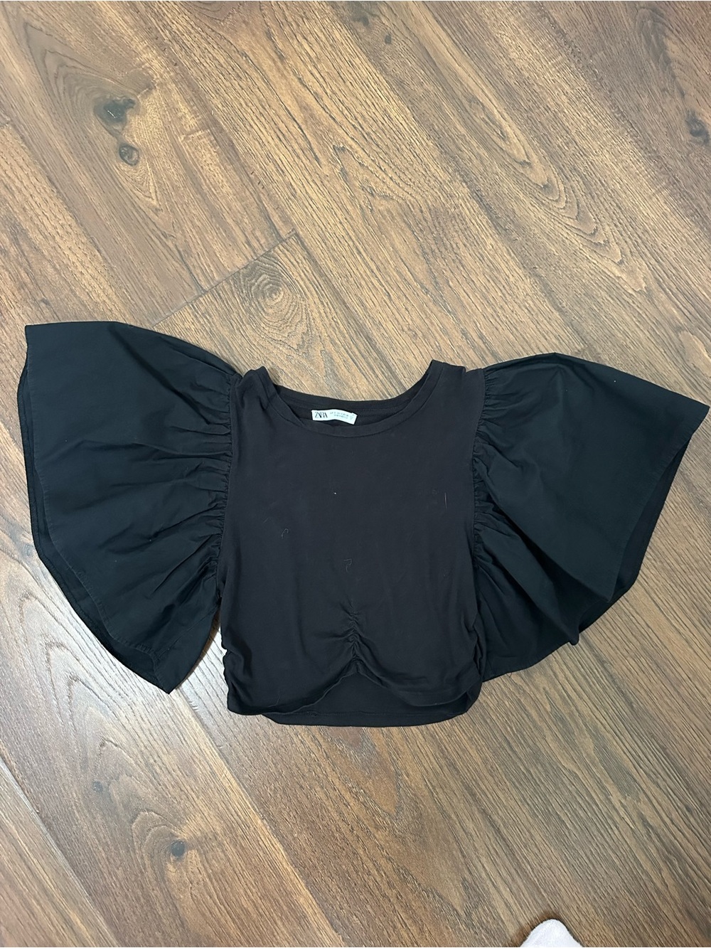 Zara Black Puff Sleeve Ruched Crop Top